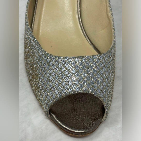JIMMY CHOO Metallic Champagne Glitter Baxen Peep Toe Wedge DESIGNER Shoes 40 1/2 - Picture 5 of 6